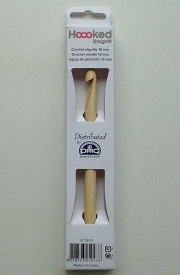 Singapore crochet supplies.
Packaged DMC Hoooked Zpagetti Wooden Crochet Hook, beige in color, displayed in a clear plastic case with a white background.
A large, professional-grade DMC Hoooked Zpagetti crochet hook made from smooth, light-grained natural wood