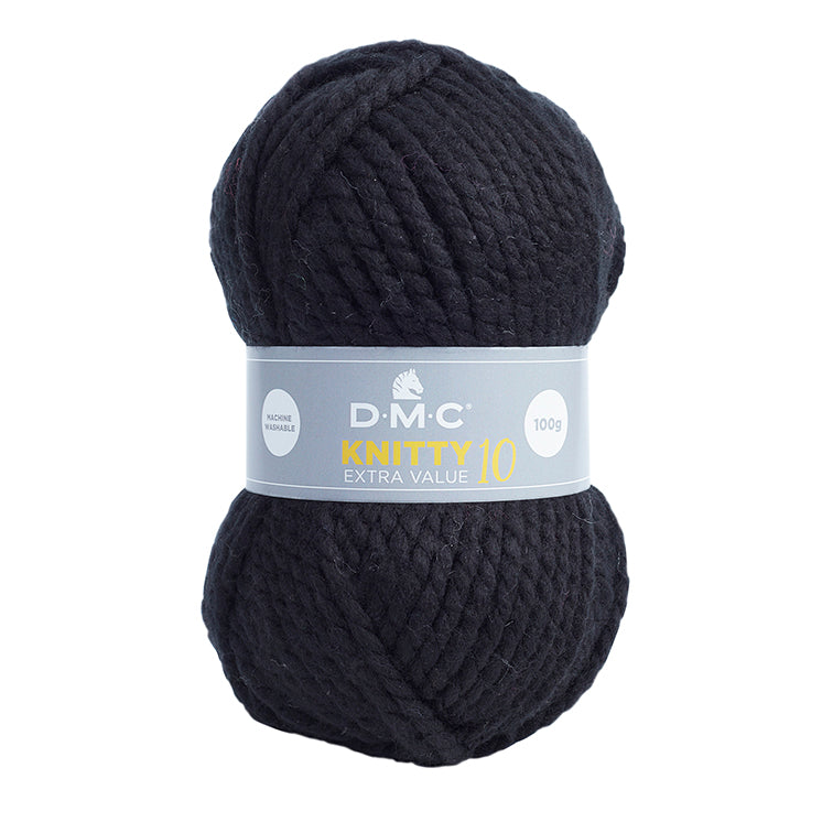 A skein of DMC Knitty 10 Extra Value Yarn in black color with brand label displayed.
MC Knitty 10 yarn held alongside a 10mm knitting needle to demonstrate the impressive thickness and quick-stitch potential."