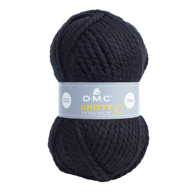 A skein of DMC Knitty 10 Extra Value Yarn in black color with brand label displayed.
MC Knitty 10 yarn held alongside a 10mm knitting needle to demonstrate the impressive thickness and quick-stitch potential."