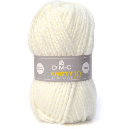 A skein of DMC Knitty 10 Extra Value Yarn in cream color with brand label displayed. A 100g ball of DMC Knitty 10 yarn in a solid color, showcasing its thick, rounded super bulky twist and soft matte finish