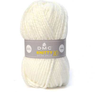 A skein of DMC Knitty 10 Extra Value Yarn in cream color with brand label displayed. A 100g ball of DMC Knitty 10 yarn in a solid color, showcasing its thick, rounded super bulky twist and soft matte finish