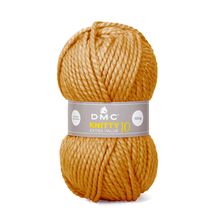 A skein of DMC Knitty 10 Extra Value Yarn in mustard yellow color with brand label displayed.
Extra value chunky yarn, Turkish acrylic yarn for sweaters
