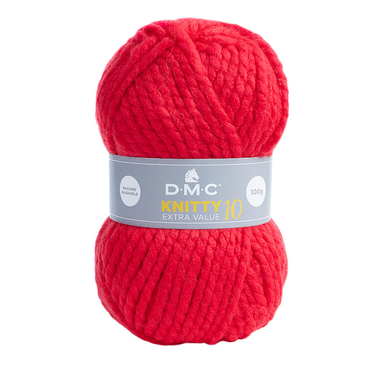 A skein of DMC Knitty 10 Extra Value Yarn in scarlet red color with brand label displayed.