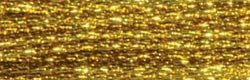 A skein of DMC Light Effects metallic embroidery floss, showing the high-shimmer finish and multi-strand metallic thread construction in dark gold