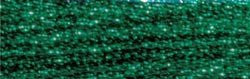 A vibrant skein of DMC Light Effects metallic floss, highlighting the way the faceted thread catches and reflects light for a luminous, jewelry-like effect metallic green