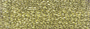 Close-up of DMC Light Effects thread, showcasing the brilliant sparkle and reflective metallic coating designed for adding highlights to embroidery in light gold