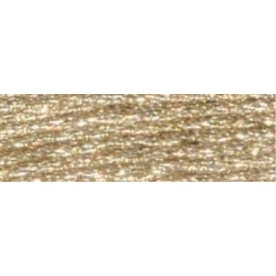 A vibrant skein of DMC Light Effects metallic floss, highlighting the way the faceted thread catches and reflects light for a luminous, jewelry-like effect in white gold