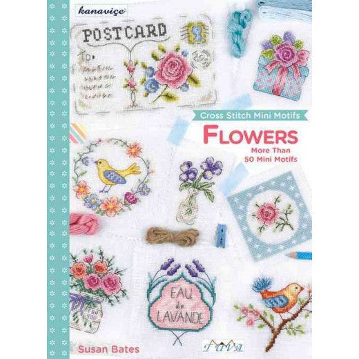 The image displays the cover of a book titled 'Cross Stitch Mini Motifs Flowers' by Susan Bates. The cover features a colorful array of floral-themed cross stitch patterns, including motifs with birds, bees, and various flowers such as a rose and a lavender.