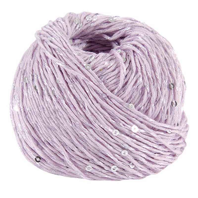 Macro shot of DMC Natura Glam fibers, highlighting the small, flat sequins that are seamlessly integrated into the cotton blend for a subtle sparkle in lilac purple colour