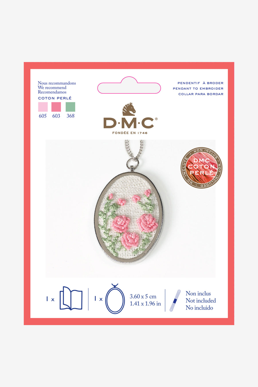 Packaging of DMC oval metal pendant with floral embroidery design, includes a chain, displayed on a white background.