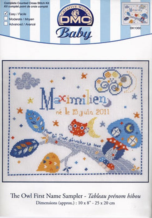 A sweet DMC counted cross-stitch kit for a baby boy's birth sampler. The design features a cute, wide-eyed owl perched on a branch, surrounded by stars and soft blue accents. The layout includes space for a customizable name and birth date. The kit includes 14-count white Aida cloth, pre-sorted DMC embroidery floss, a needle, and an alphabet/number chart