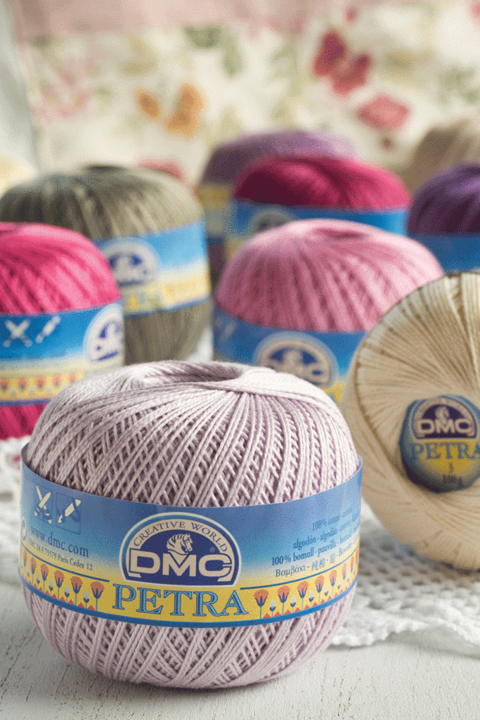 DMC Petra Size 3, 5, and 8 crochet thread ball, premium 100% long-staple French cotton for delicate lacework and home decor.