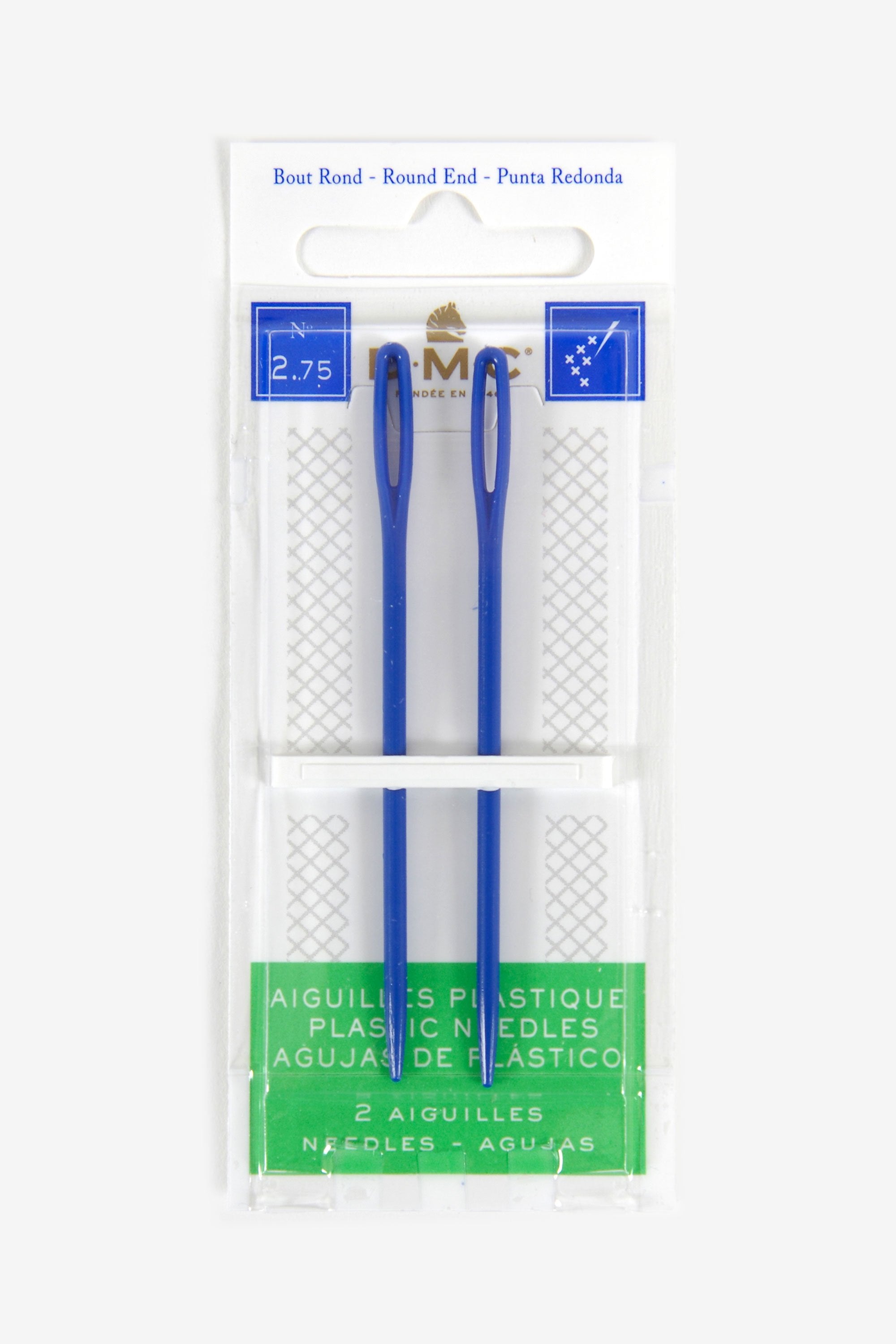 A retail pack containing two bright, colorful plastic darning needles by DMC. These needles measure 67mm (2 ¾ inches) in length and feature a large, easy-to-thread eye and a completely rounded, non-pointy tip. They are displayed on a DMC brand card, emphasizing their safety for children's craft projects and beginner sewing