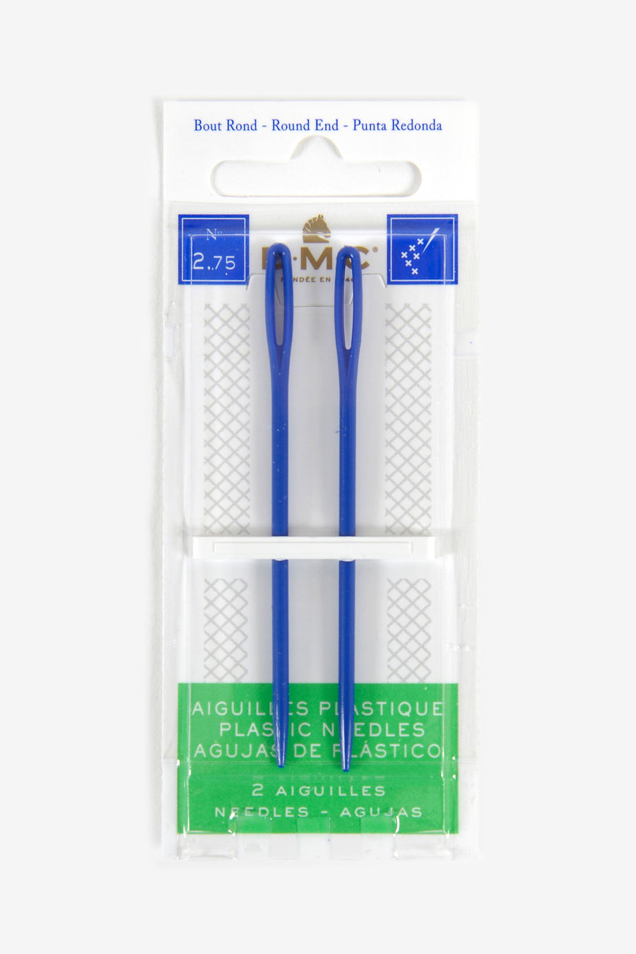 A retail pack containing two bright, colorful plastic darning needles by DMC. These needles measure 67mm (2 ¾ inches) in length and feature a large, easy-to-thread eye and a completely rounded, non-pointy tip. They are displayed on a DMC brand card, emphasizing their safety for children's craft projects and beginner sewing