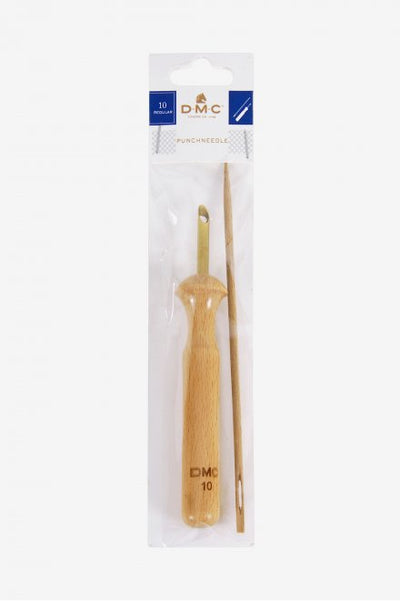 A high-quality DMC Punch Needle tool featuring a smooth, ergonomic wooden handle and a 4mm diameter steel tip. The kit includes a long 16.5cm wooden threading needle. Designed for thick yarns and tapestry wool, the tool allows for consistent, short loops (Size 10) and features a full-length metal insert for smooth thread flow