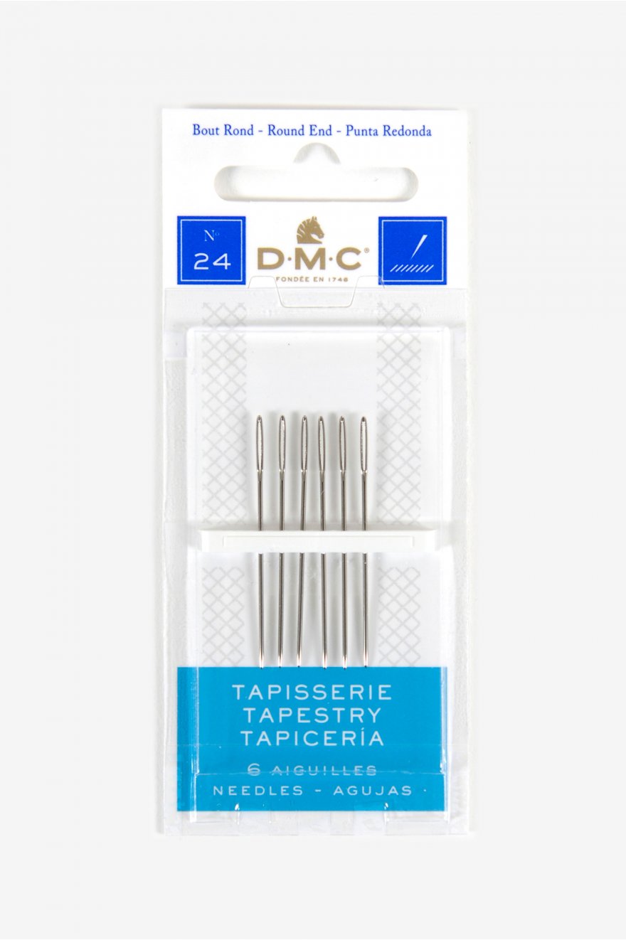 Packaging of DMC Tapestry Needles No. 24, showing 6 silver needles with blunt points, designed for cross stitching on aida stitching cloth.
