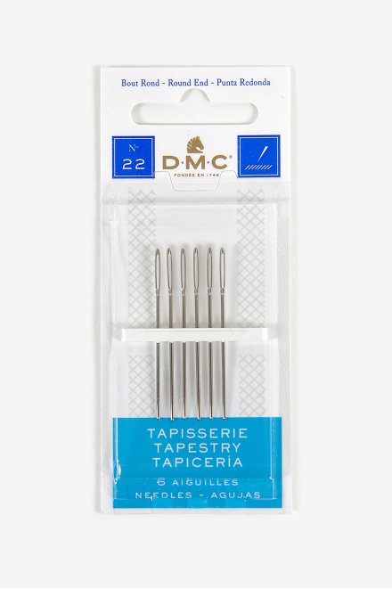 Packaging of DMC Tapestry Needles No. 22, showing six needles, suitable for 11 count aida stitching cloth.