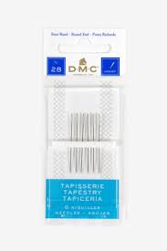 Packaging of DMC Tapestry Needles No. 28, showing 6 needles in a clear plastic case with a white and blue label.