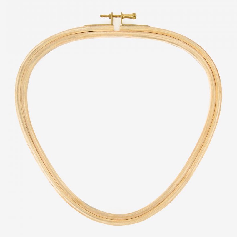 A triangular wooden embroidery hoop with a gold-colored metal fitting at the top.