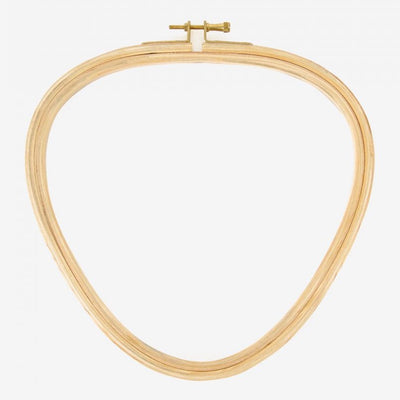 A triangular wooden embroidery hoop with a gold-colored metal fitting at the top.