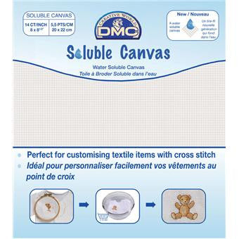 A professional-grade sheet of DMC Water Soluble Canvas, measuring 20cm x 22cm. The canvas is clear and transparent with a high-definition 14-count grid that mimics the structure of traditional Aida cloth. It is designed to be tacked onto non-traditional fabrics like t-shirts, towels, or cushions. The material is made from eco-friendly PVA, which is engineered to dissolve completely in warm water, leaving only the artisanal needlework behind on the base fabric