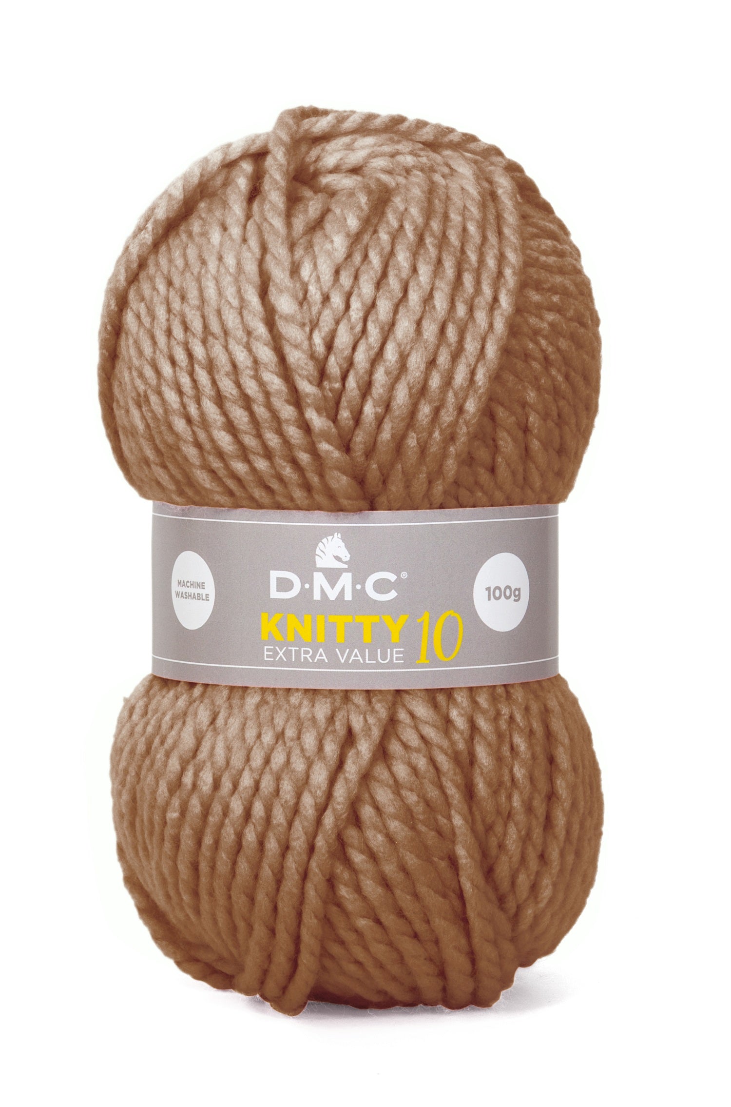 A skein of DMC Knitty 10 Extra Value Yarn in yellow color with brand label displayed in brown