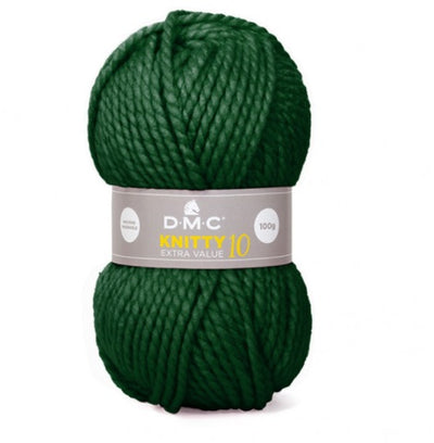 A skein of DMC Knitty 10 Extra Value Yarn in dark forest green color with brand label displayed.
A 100g ball of DMC Knitty 10 yarn in a solid color, showcasing its thick, rounded super bulky twist and soft matte finish.