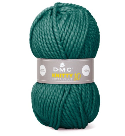Extra value chunky yarn, Turkish acrylic yarn for sweaters, beginner-friendly bulky yarn, 10mm crochet hook yarn, DMC Knitty series.

A skein of DMC Knitty 10 Extra Value Yarn in emerald green color with brand label displayed.