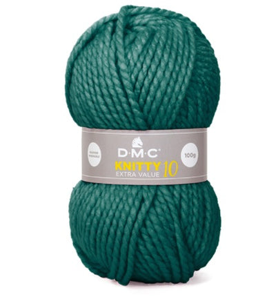 Extra value chunky yarn, Turkish acrylic yarn for sweaters, beginner-friendly bulky yarn, 10mm crochet hook yarn, DMC Knitty series.

A skein of DMC Knitty 10 Extra Value Yarn in emerald green color with brand label displayed.
