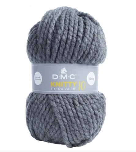 A 100g ball of DMC Knitty 10 yarn in a solid color, showcasing its thick, rounded super bulky twist and soft matte finish in grey