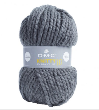 A 100g ball of DMC Knitty 10 yarn in a solid color, showcasing its thick, rounded super bulky twist and soft matte finish in grey