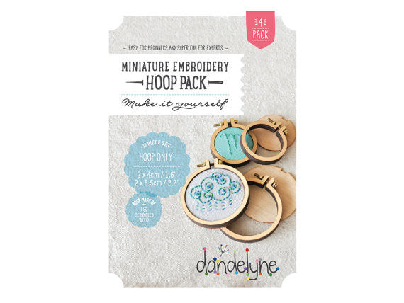 Packaging of Dandelyne Circular Mini Hoop with contents displayed, including miniature embroidery hoops, screws, bolts, backing pieces, and centre plates.