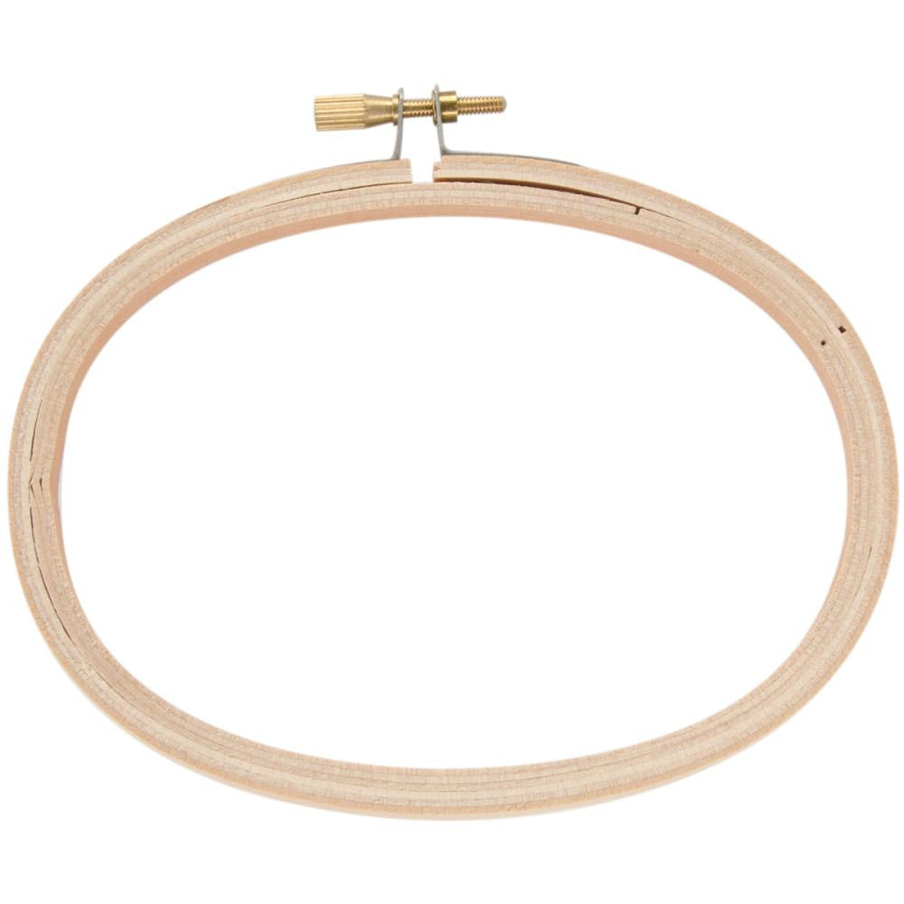 A high-quality 3.5 x 5 inch Darice wooden oval embroidery hoop featuring a smooth natural finish and a polished brass tightening screw.

Wooden Embroidery Display Hoop, Small Oval Needlework Frame