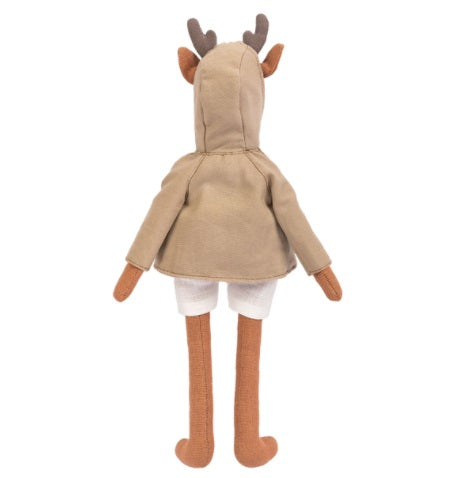 A finished 29cm Miadolla Daniel the Deer linen doll, standing tall with his signature antlers and industrious character design back view