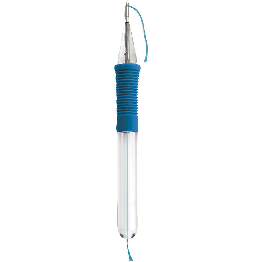 A professional 5-inch punch needle tool by Design Works featuring a blue and white ergonomic comfort grip. The tool is shown with two wire threaders. It is specifically designed to accommodate up to 6 strands of embroidery floss, making it ideal for creating textured  decorative wall hangings