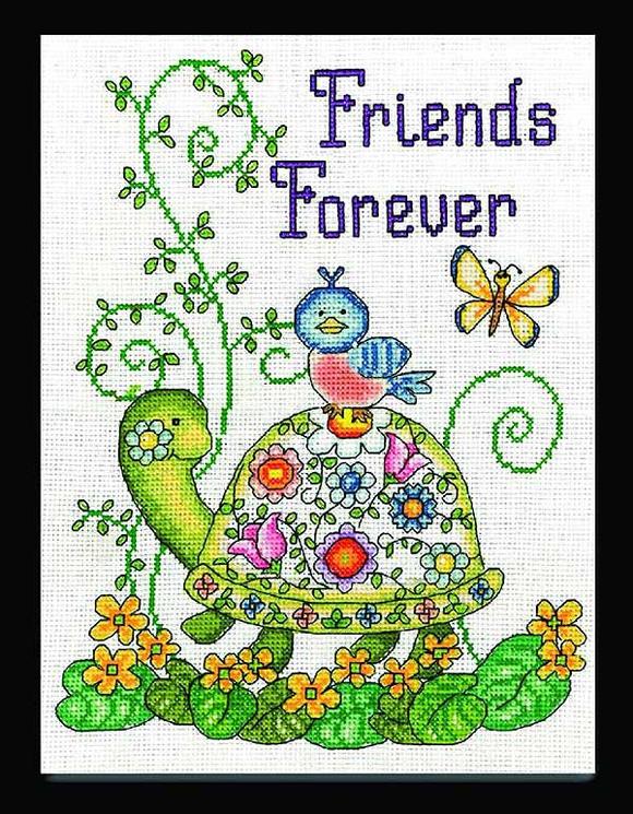A sweet Design Works counted cross-stitch kit titled 'Friends Forever.' The artwork features a detailed, friendly turtle with a small bird perched comfortably on its shell, symbolizing a lasting bond. The kit includes 14-count white Aida cloth, pre-sorted embroidery threads, a needle, and easy-to-follow instructions for an 8x10 inch finished piece