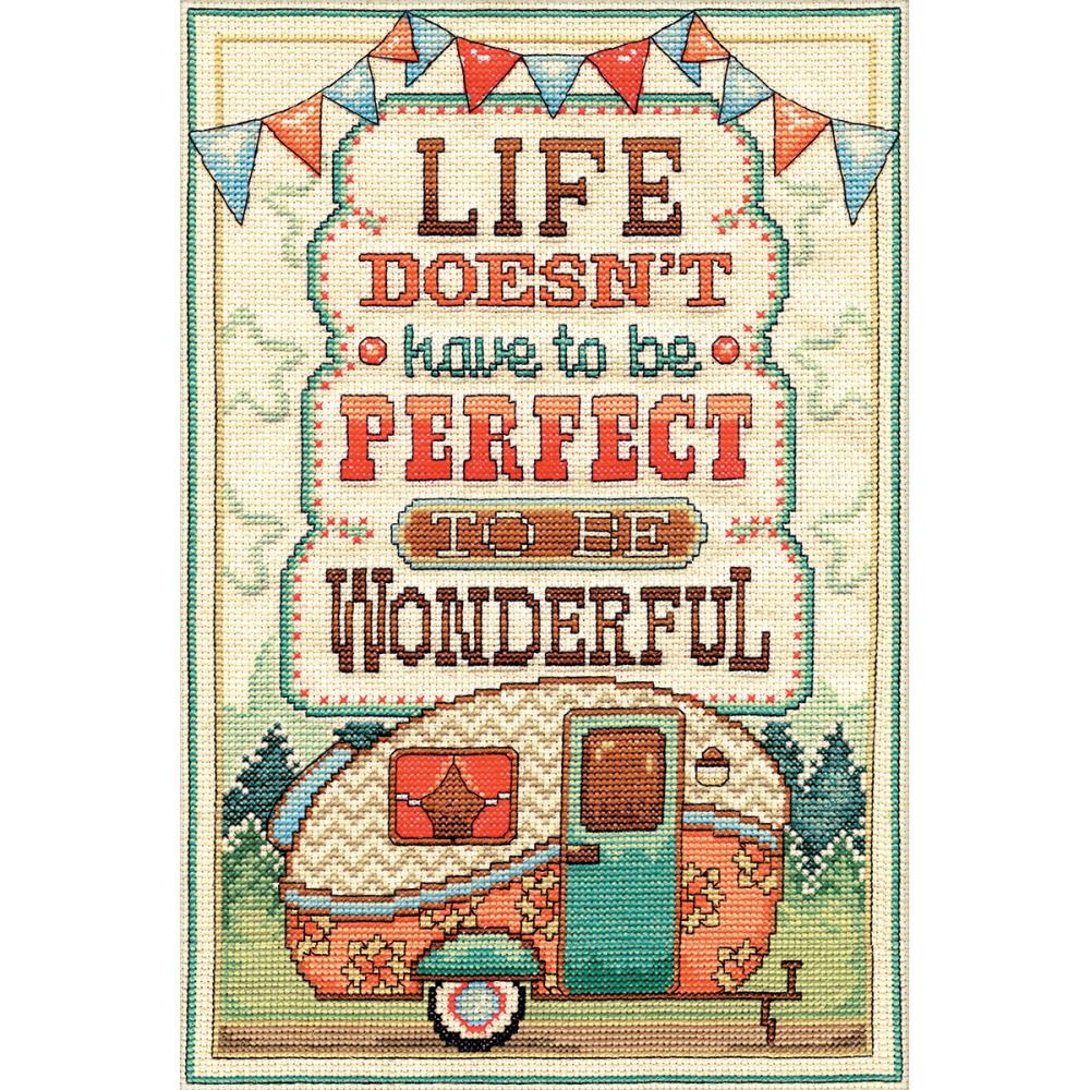 An inspirational Design Works counted cross-stitch kit featuring the phrase 'Life doesn't have to be perfect to be wonderful.' The text is rendered in a mix of elegant and rustic fonts, accented by delicate floral or geometric borders. The kit includes 14-count white Aida fabric, 100% cotton embroidery threads, a needle, and instructions for an 8x12 inch finished piece