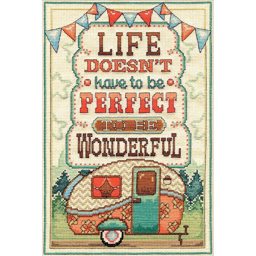 An inspirational Design Works counted cross-stitch kit featuring the phrase 'Life doesn't have to be perfect to be wonderful.' The text is rendered in a mix of elegant and rustic fonts, accented by delicate floral or geometric borders. The kit includes 14-count white Aida fabric, 100% cotton embroidery threads, a needle, and instructions for an 8x12 inch finished piece