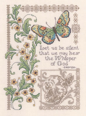 A complete cross-stitch kit designed by Diane Arthurs titled 'Whisper of God.' The design features an elegant and serene inspirational sampler with decorative typography and delicate floral or celestial accents