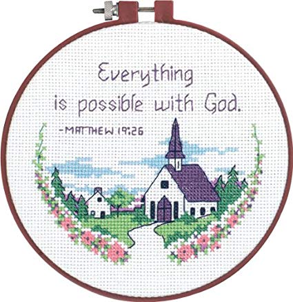 A bright and motivational Dimensions Learn-a-Craft cross-stitch kit titled 'Everything is Possible.' The design features bold, colorful lettering surrounded by playful geometric or floral accents. The kit includes 14-count white Aida fabric, a 6-inch plastic embroidery hoop, pre-sorted cotton floss, and a needle.