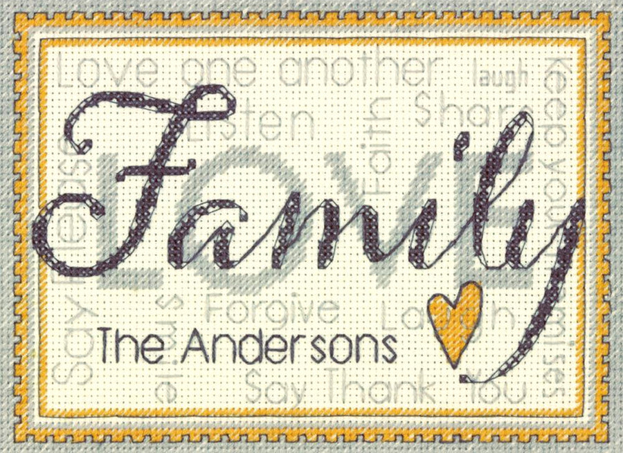 A customizable Dimensions counted cross-stitch kit featuring the word 'Family.' The background is filled with inspirational phrases like 'Love one another' and 'Laugh' in soft grey tones. The design is framed by a double light brown and grey border with an outer brown dentil pattern. The kit includes 14-count ivory Aida cloth, cotton thread, and a needle