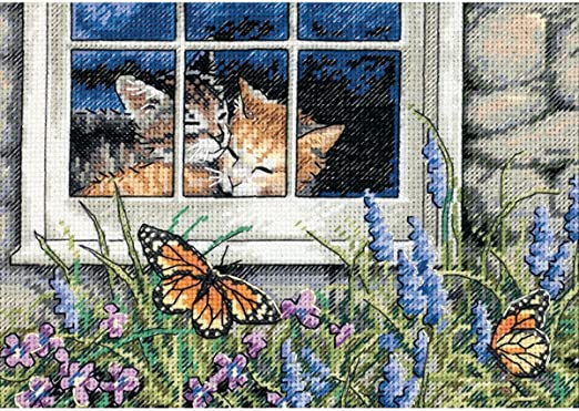 A highly detailed Dimensions Gold Collection cross-stitch kit titled 'Feline Love.' The design features two cats snuggled closely together in a show of affection, with intricate shading used to create lifelike fur textures. The kit includes 18-count ivory Aida cloth, pre-sorted embroidery threads, a needle, and a pattern sheet for a 5x7 inch finished piece