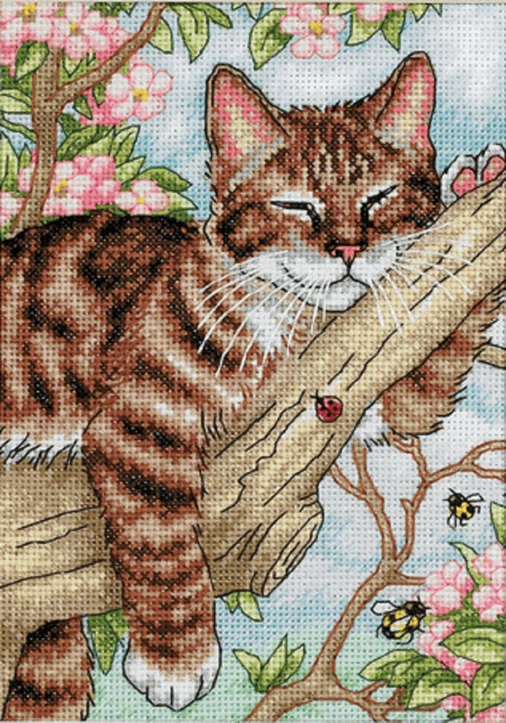 An exquisite and highly detailed Dimensions Gold Collection cross-stitch kit featuring a realistic ginger-and-white kitten napping peacefully. The kitten is curled up on a soft surface with intricate shading that brings the fur to life. The kit includes 18-count white Aida cloth, pre-sorted embroidery threads, a needle, and a clear pattern sheet for a 5x7 inch finished piece.