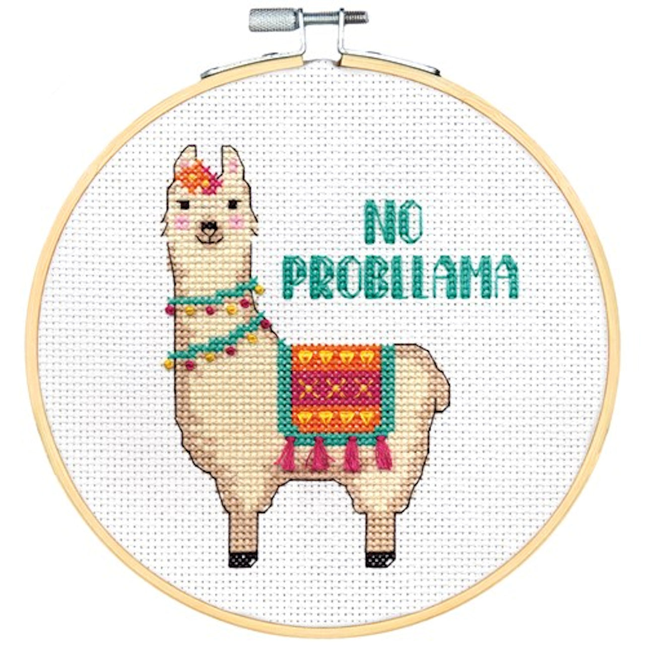 A vibrant and funny Dimensions counted cross-stitch kit titled 'No Probllama.' The design features a white llama wearing a colorful, tasseled blanket and the pun 'No Probllama' in a playful font. The kit includes 14-count white Aida fabric, a 6-inch bamboo embroidery hoop, pre-sorted thread, and a needle