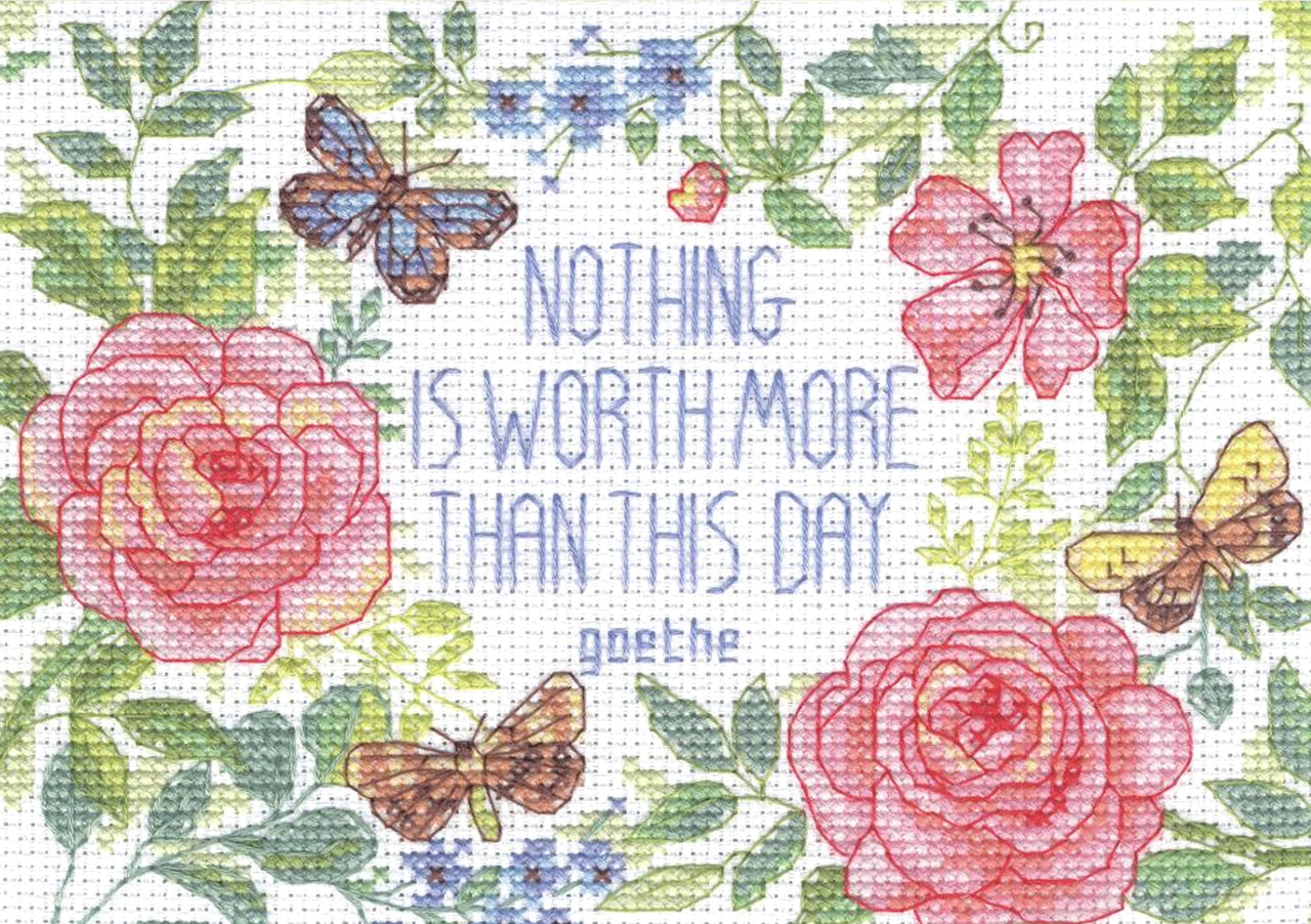 An elegant Dimensions counted cross-stitch kit featuring an inspirational verse for the day. The text is surrounded by a delicate border of soft-colored flowers and greenery. The kit includes 14-count white Aida fabric, pre-sorted cotton embroidery floss, a needle, and easy-to-follow instructions for a 5x7 inch finished piece