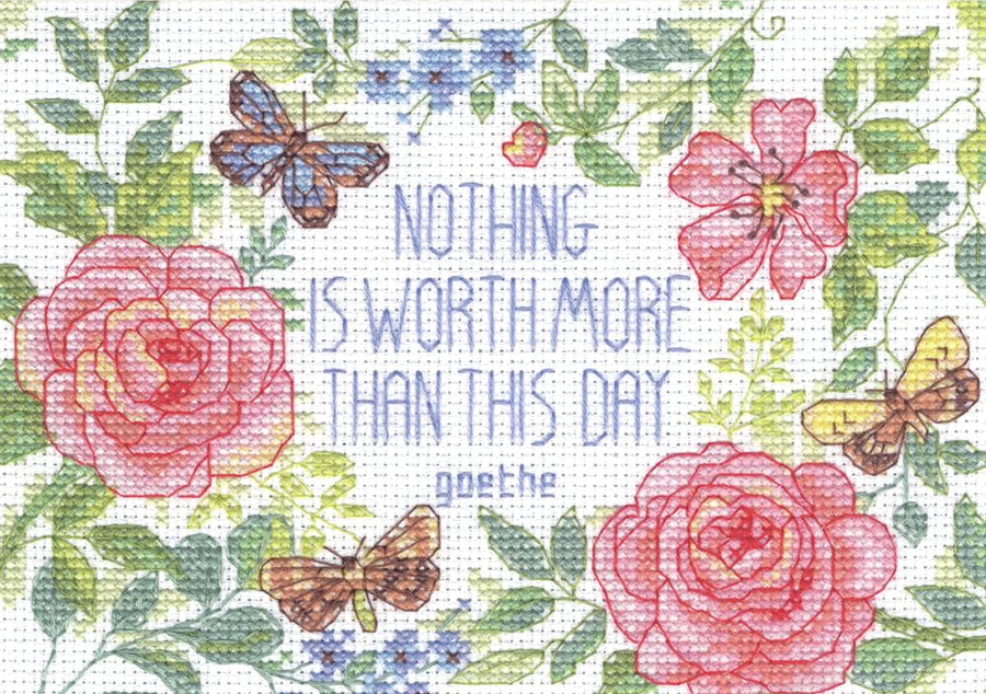 An elegant Dimensions counted cross-stitch kit featuring an inspirational verse for the day. The text is surrounded by a delicate border of soft-colored flowers and greenery. The kit includes 14-count white Aida fabric, pre-sorted cotton embroidery floss, a needle, and easy-to-follow instructions for a 5x7 inch finished piece