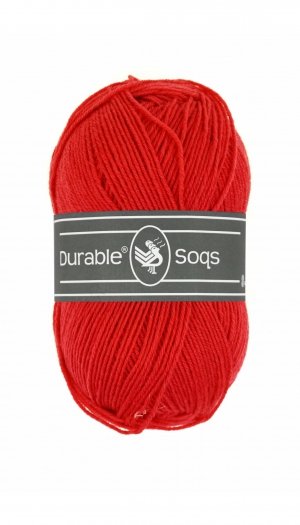 A vibrant skein of Durable Soqs yarn, highlighting the rich, solid color and soft-yet-sturdy finish of this versatile Dutch-brand sock yarn in tomato red colour