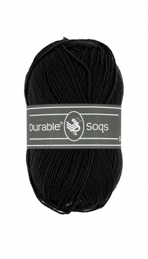 A 50g ball of Durable Soqs yarn, showing the fine, multi-ply wool and polyamide blend designed for long-lasting, durable socks in black colour