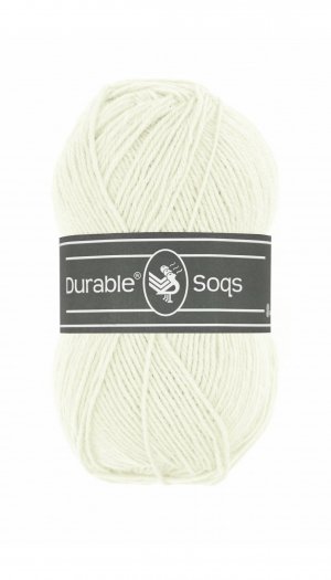 A 50g ball of Durable Soqs yarn, showing the fine, multi-ply wool and polyamide blend designed for long-lasting, durable socks in ivory white