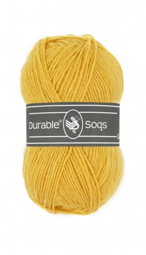 A 50g ball of Durable Soqs yarn, showing the fine, multi-ply wool and polyamide blend designed for long-lasting, durable socks in mimosa yellow colour